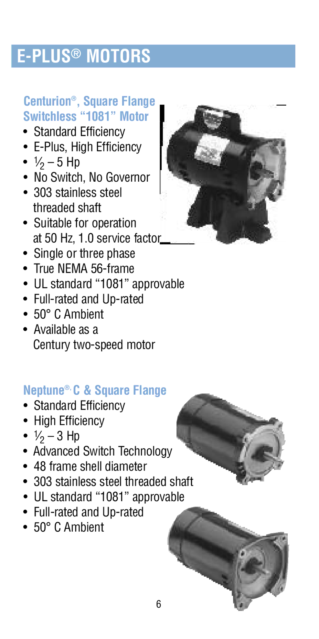 A.O. Smith Pool & Spa Motor manual Plusmotors, Centurion, Square Flange Switchless 1081 Motor 