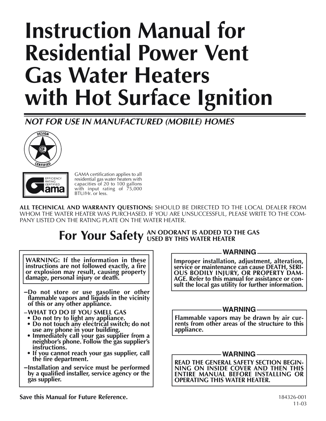 A.O. Smith Residential Power Vent Gas Water Heaters with Hot Surface Ignition instruction manual 