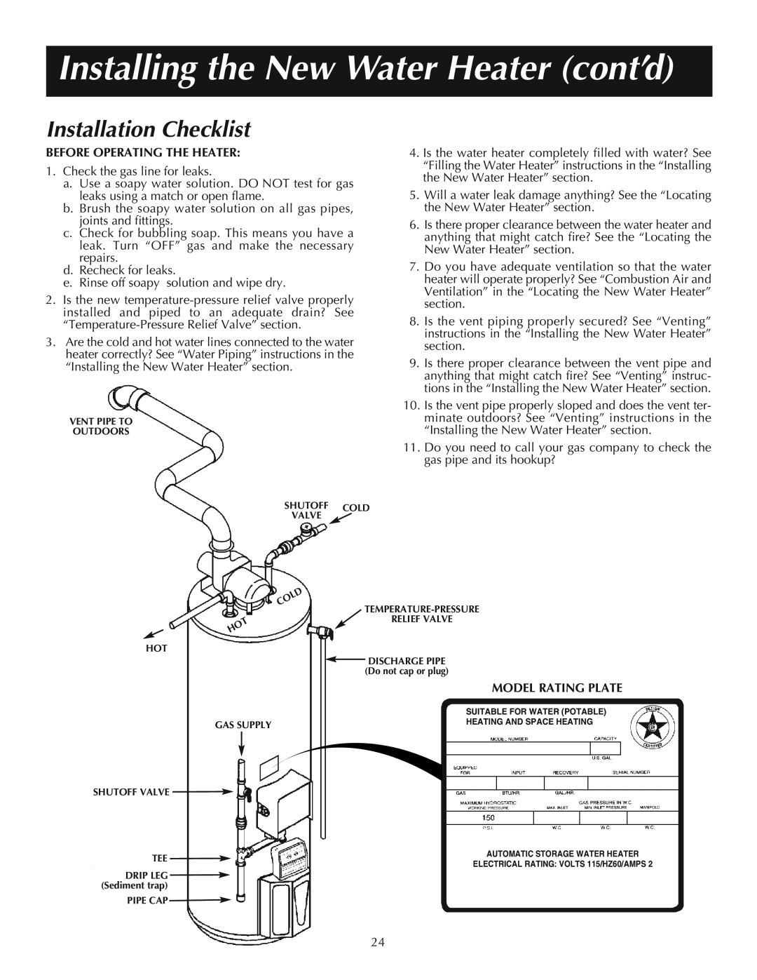 A.O. Smith Residential Power Vent Gas Water Heaters with Hot Surface Ignition Installation Checklist, Model Rating Plate 