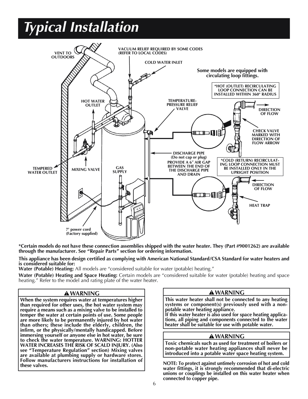 A.O. Smith Residential Power Vent Gas Water Heaters with Hot Surface Ignition instruction manual Typical Installation 
