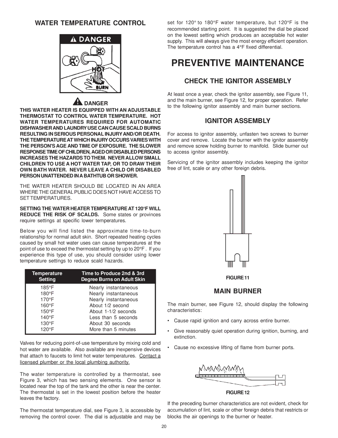 A.O. Smith SBD 30 150 warranty Preventive Maintenance, Water Temperature Control, Check the Ignitor Assembly, Main Burner 