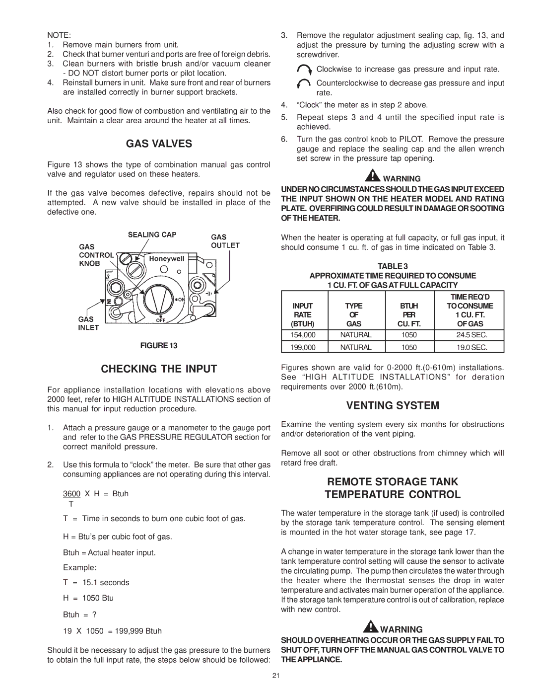 A.O. Smith SBD 30 150 warranty GAS Valves, Checking the Input, Venting System, Remote Storage Tank Temperature Control 