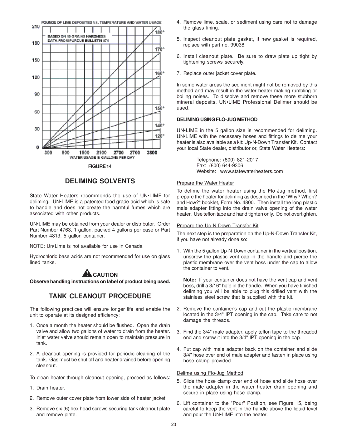 A.O. Smith SBD 30 150 warranty Deliming Solvents, Tank Cleanout Procedure, Deliming Using FLO-JUG Method 