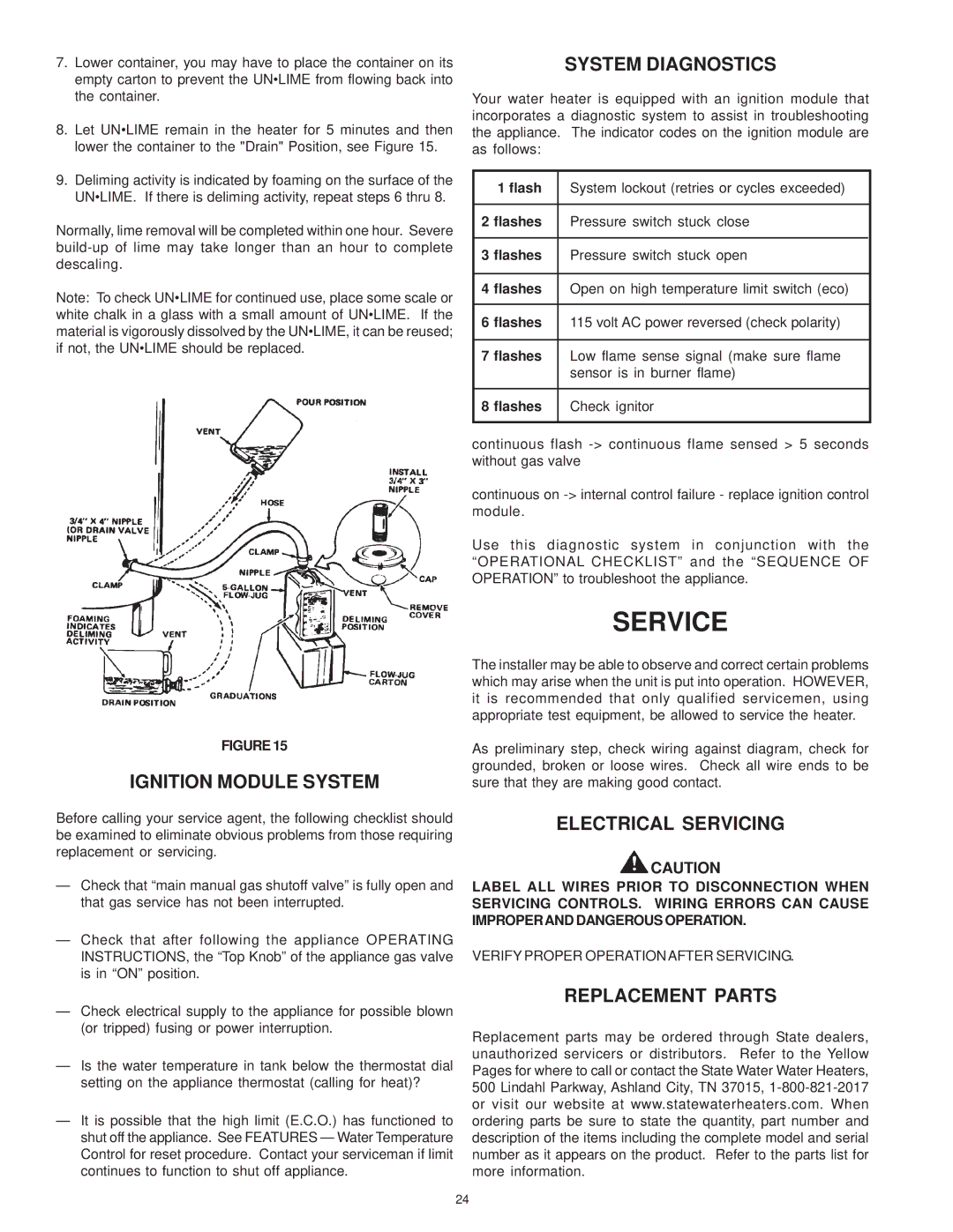 A.O. Smith SBD 30 150 warranty Service, Ignition Module System, System Diagnostics, Electrical Servicing, Replacement Parts 