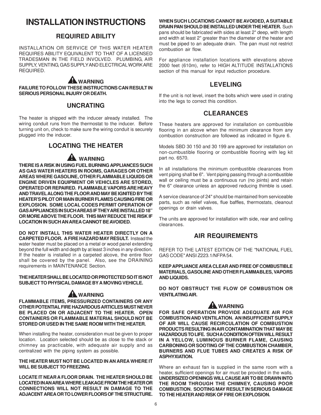 A.O. Smith SBD 30 150 warranty Required Ability, Uncrating, Locating the Heater, Leveling, Clearances, AIR Requirements 