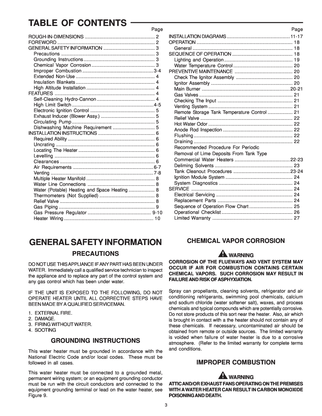 A.O. Smith SBD 30 150 warranty Table Of Contents, General Safety Information, Precautions, Grounding Instructions 