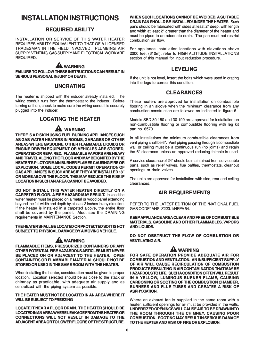 A.O. Smith SBD 30 150 Installation Instructions, Required Ability, Uncrating, Locating The Heater, Leveling, Clearances 