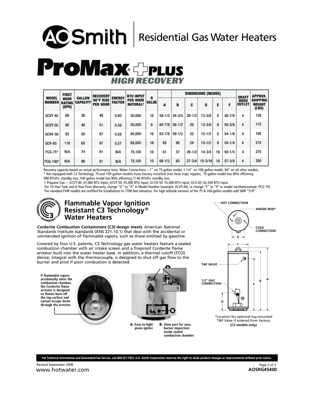 A.O. Smith Series 100/101 warranty Model First Gallon, BTU Input Dimensions Inches Draft Approx Hour, 90F Rise, Shipping 