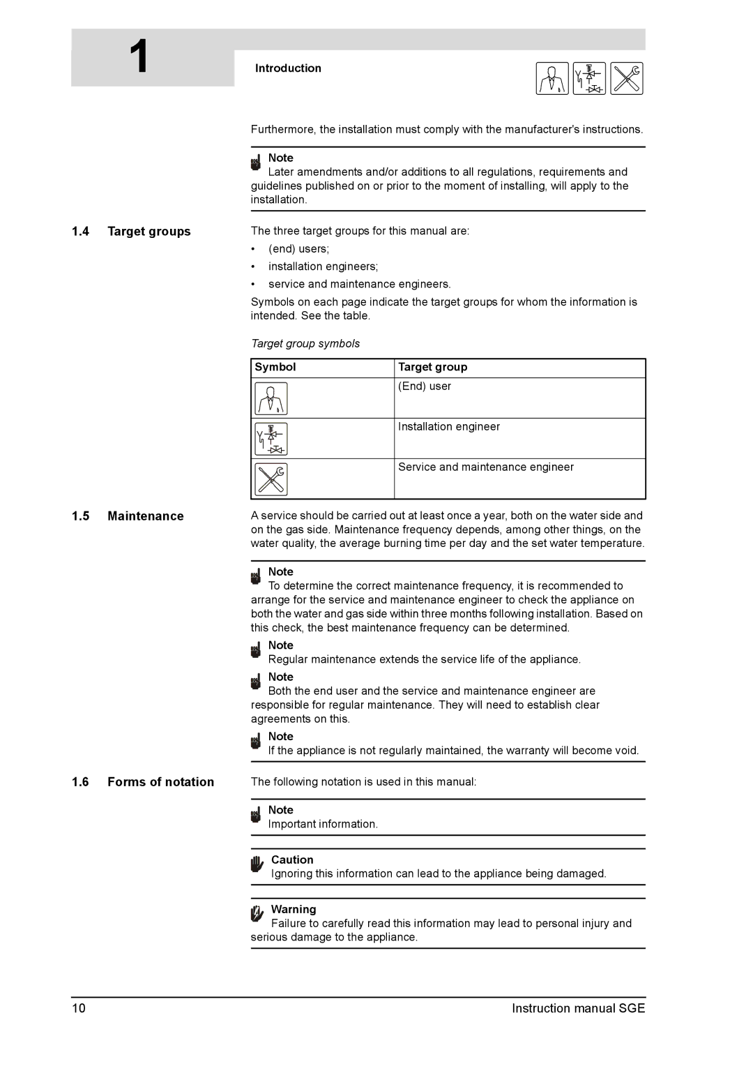 A.O. Smith SGE service manual Target groups Maintenance Forms of notation, Introduction, Symbol Target group 