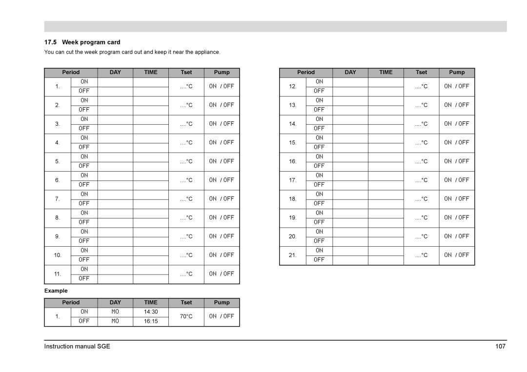 A.O. Smith SGE service manual Week program card, Tset Pump, Example Period 