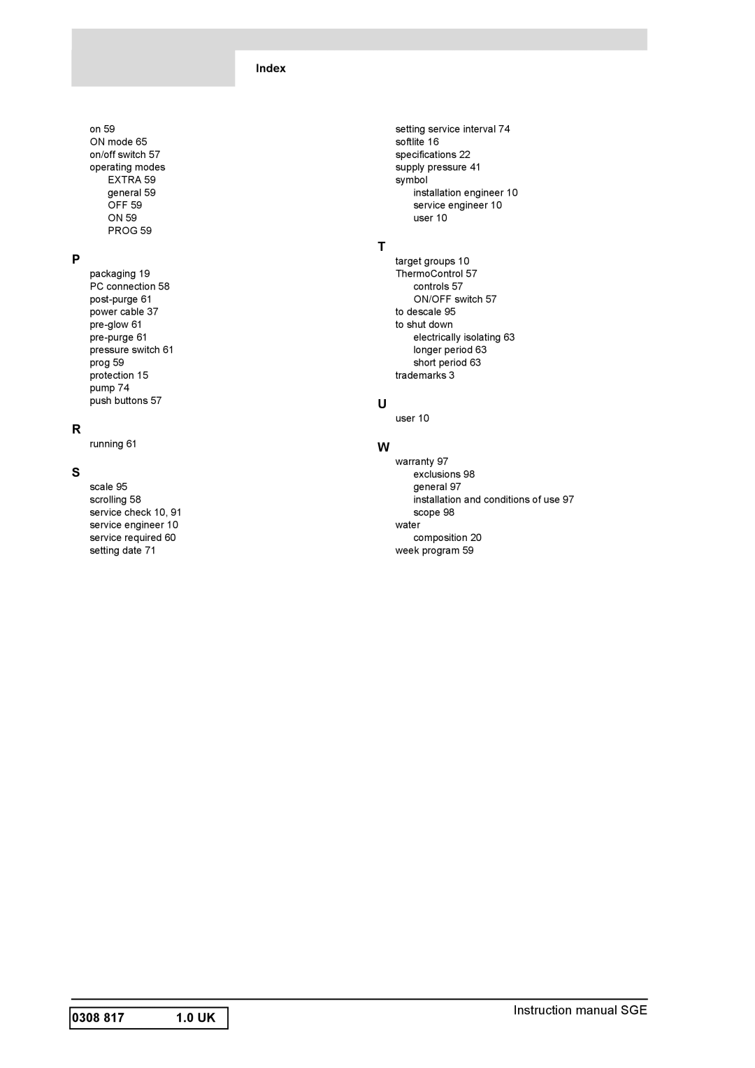 A.O. Smith SGE service manual 0308, Index 