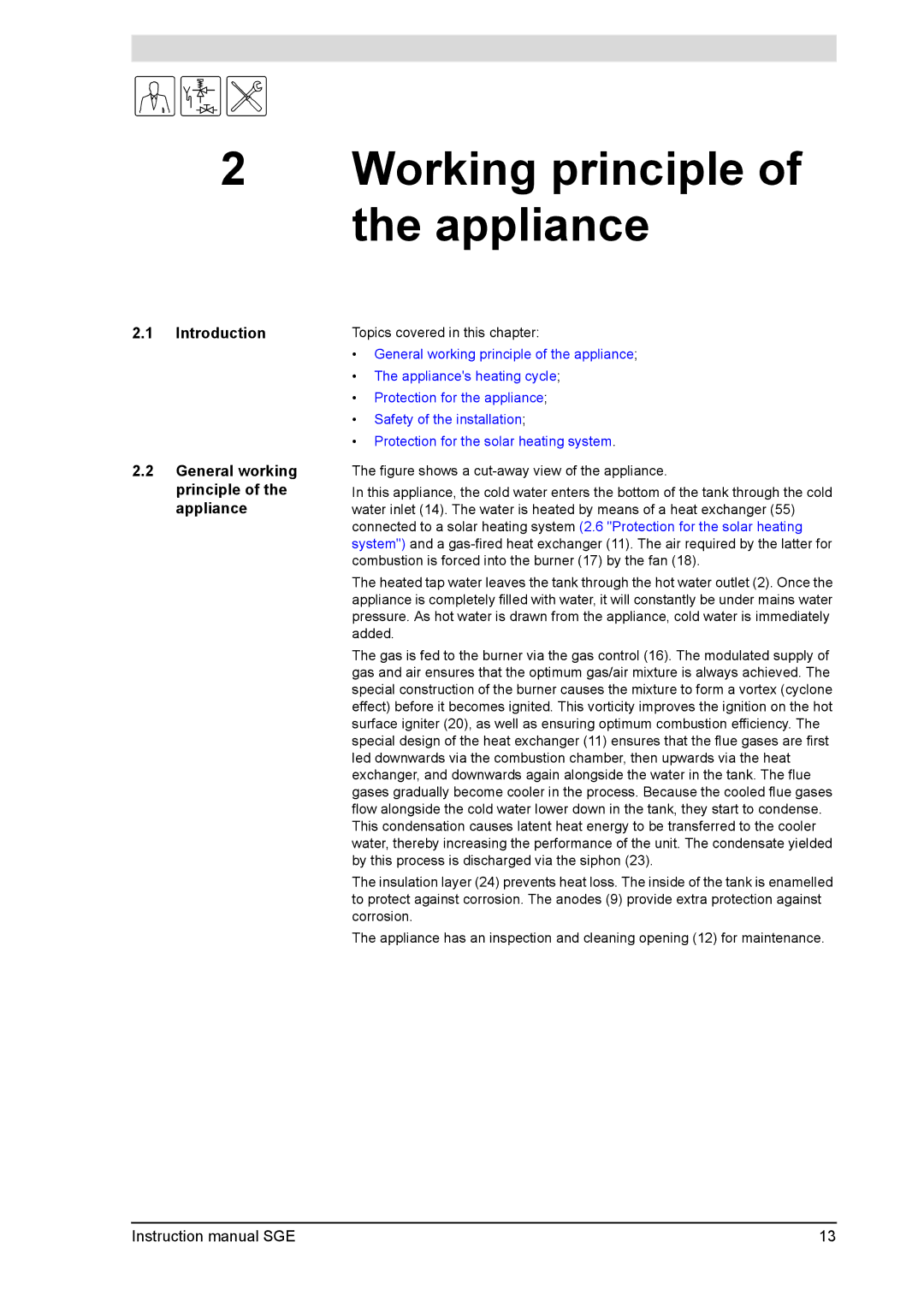 A.O. Smith SGE service manual Working principle of the appliance, Introduction General working principle of the appliance 