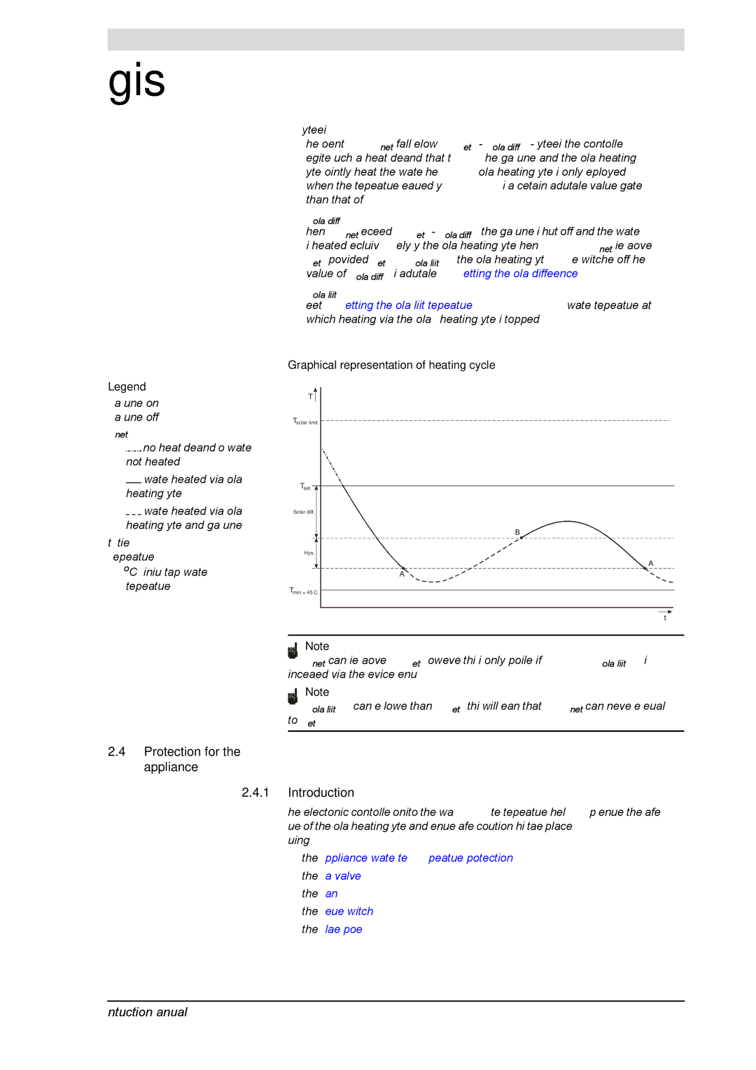 A.O. Smith SGE service manual Protection for the appliance Introduction, = Gas burner on = Gas burner offTsolar limit 