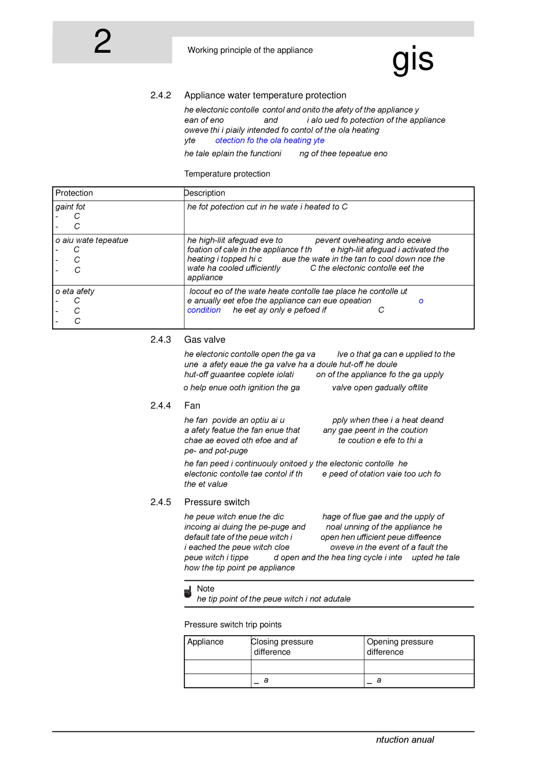 A.O. Smith SGE Appliance water temperature protection, Gas valve, 4 Fan, Pressure switch, Protection Description 