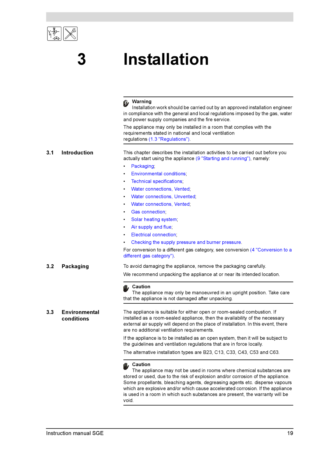 A.O. Smith SGE service manual Installation, Packaging, Environmental, Conditions 