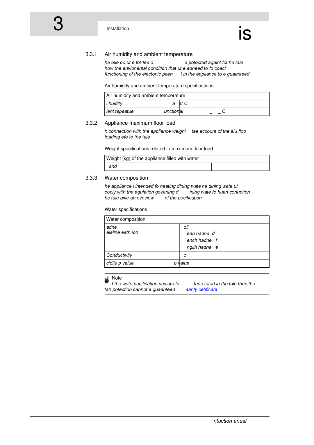 A.O. Smith SGE service manual Air humidity and ambient temperature, Appliance maximum floor load, Water composition 