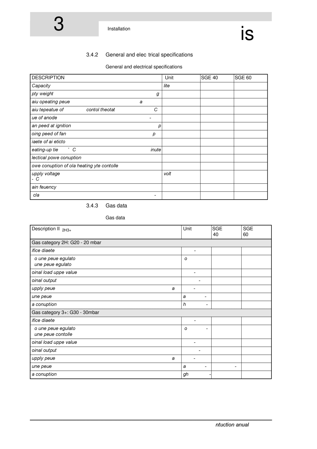 A.O. Smith SGE service manual General and electrical specifications, Gas data 