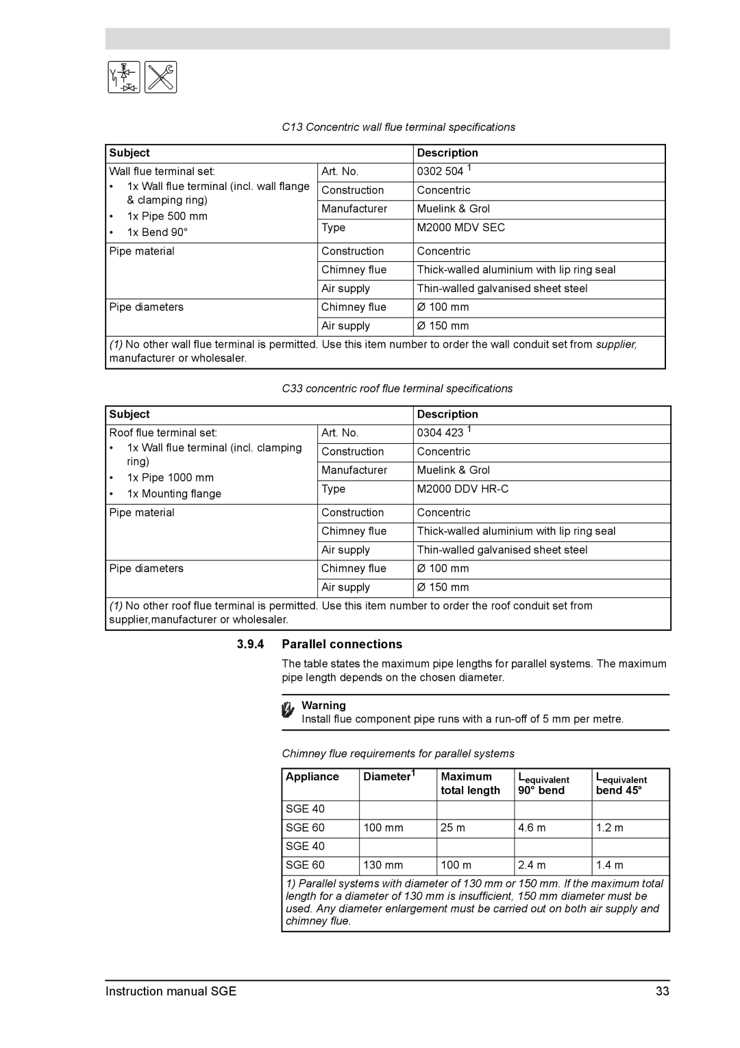 A.O. Smith SGE service manual Parallel connections, Subject Description, Appliance Diameter Maximum, Total length Bend 