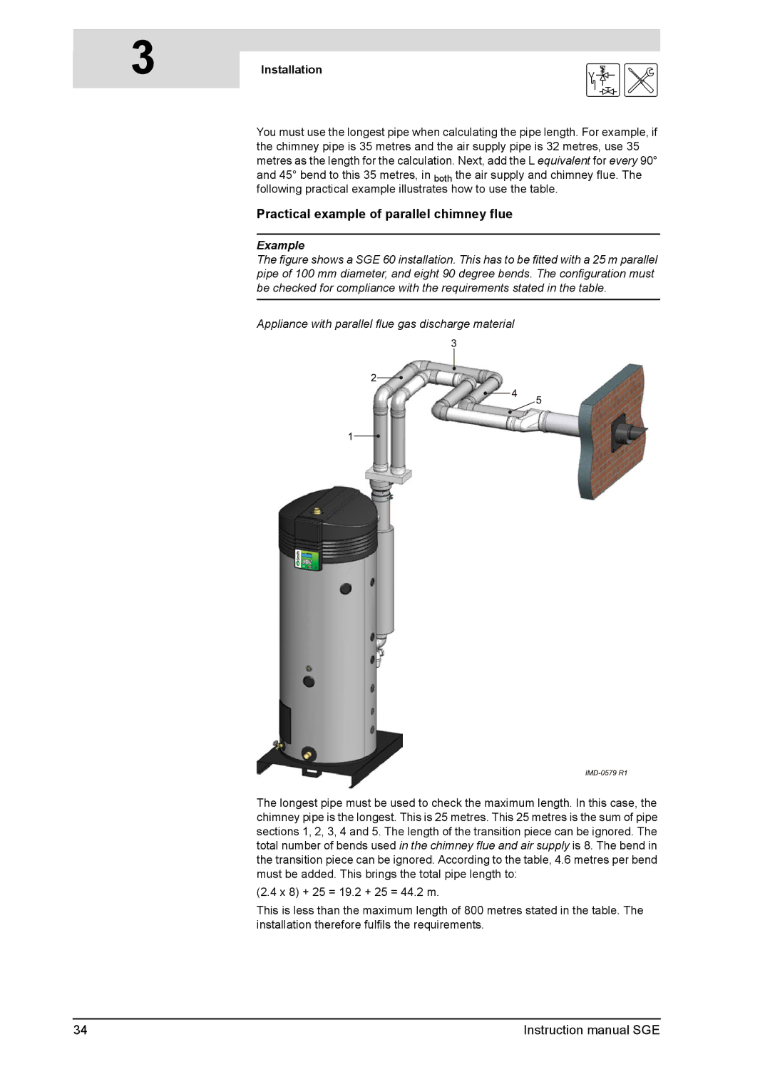 A.O. Smith SGE Practical example of parallel chimney flue, Appliance with parallel flue gas discharge material 