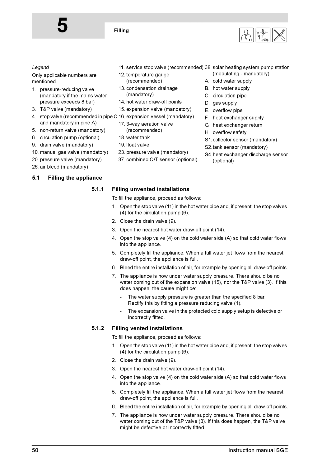 A.O. Smith SGE service manual Filling the appliance Filling unvented installations, Filling vented installations 