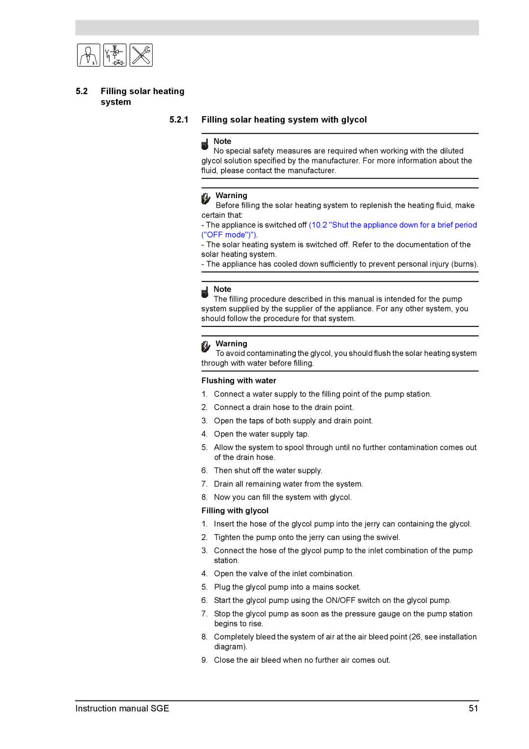 A.O. Smith SGE service manual Flushing with water, Filling with glycol 