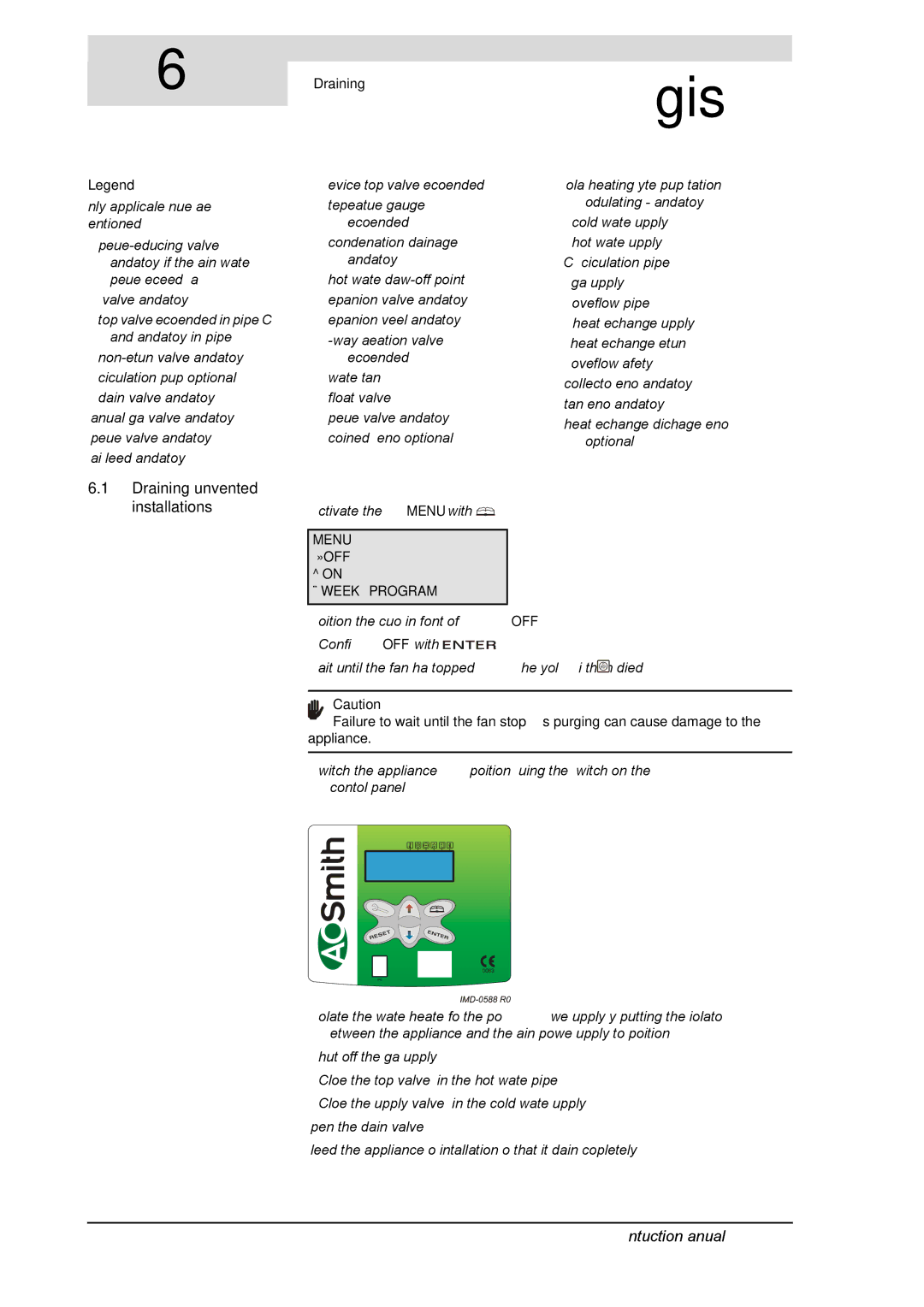 A.O. Smith SGE Draining unvented Installations, Activate the Menu with, Position the cursor in front of OFF, Appliance 