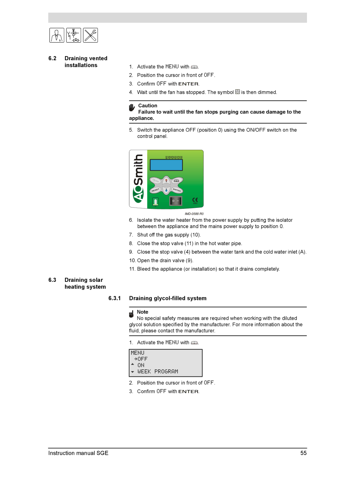 A.O. Smith SGE service manual Draining vented installations, Draining solar heating system Draining glycol-filled system 