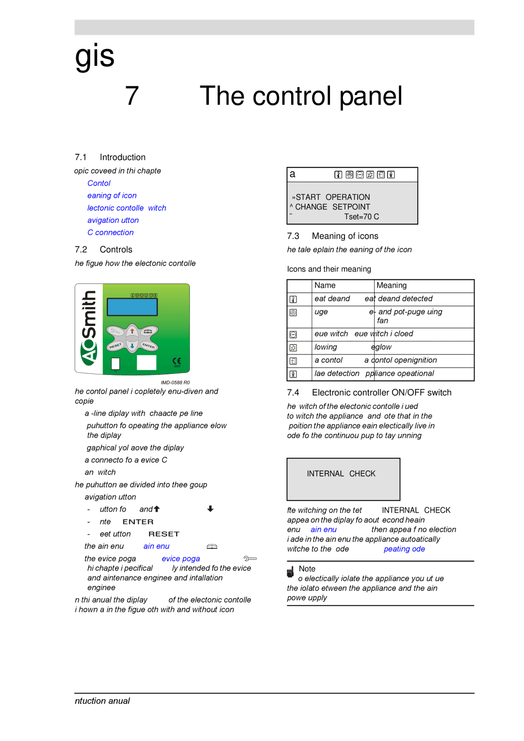 A.O. Smith SGE service manual Control panel, Controls, Meaning of icons, Electronic controller ON/OFF switch, Name Meaning 