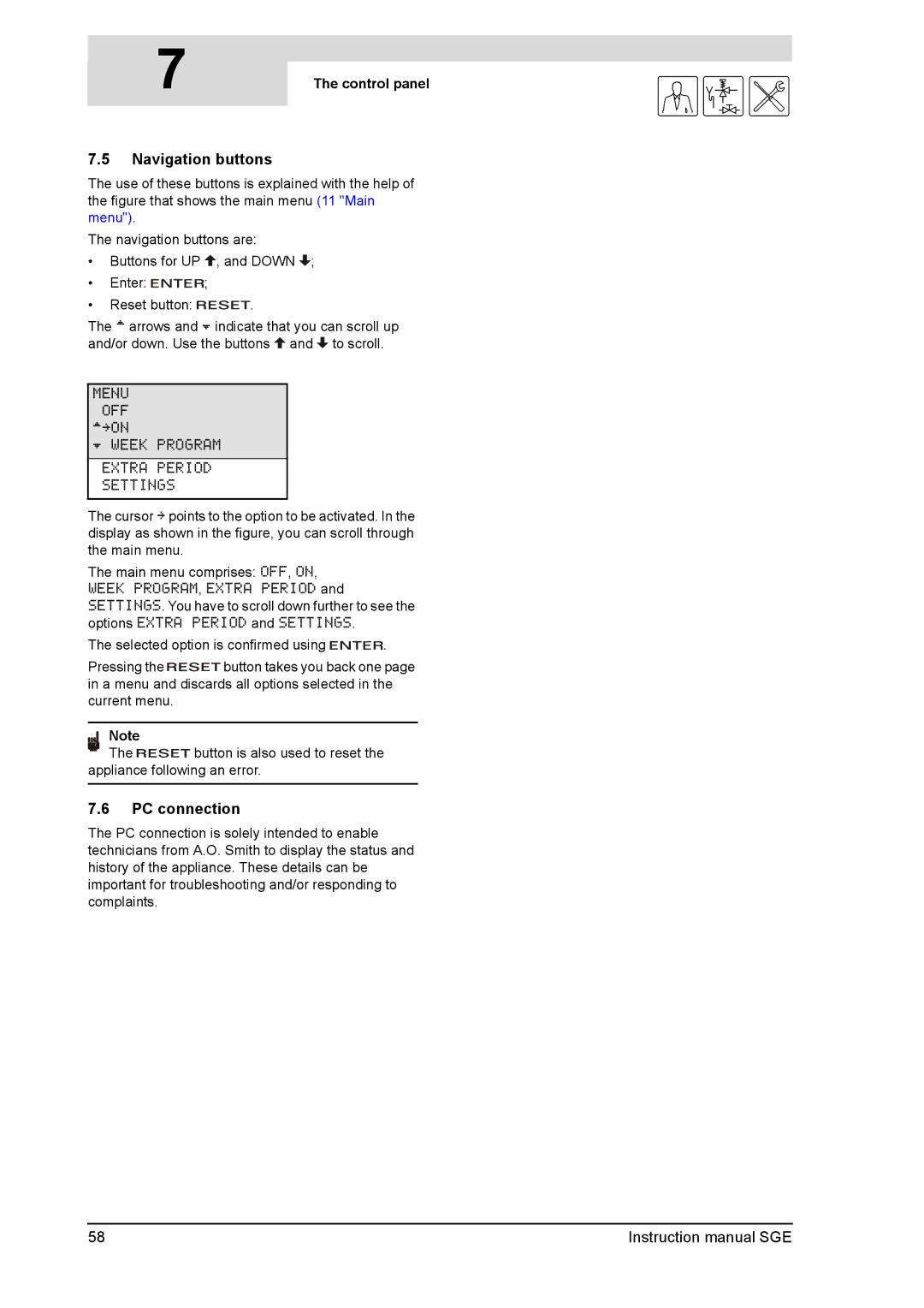 A.O. Smith SGE service manual Navigation buttons, PC connection, Control panel 