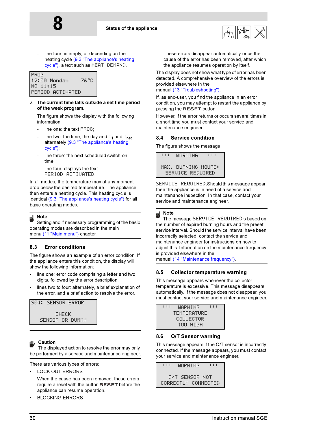 A.O. Smith SGE service manual Service condition, Error conditions, Collector temperature warning, Q/T Sensor warning 