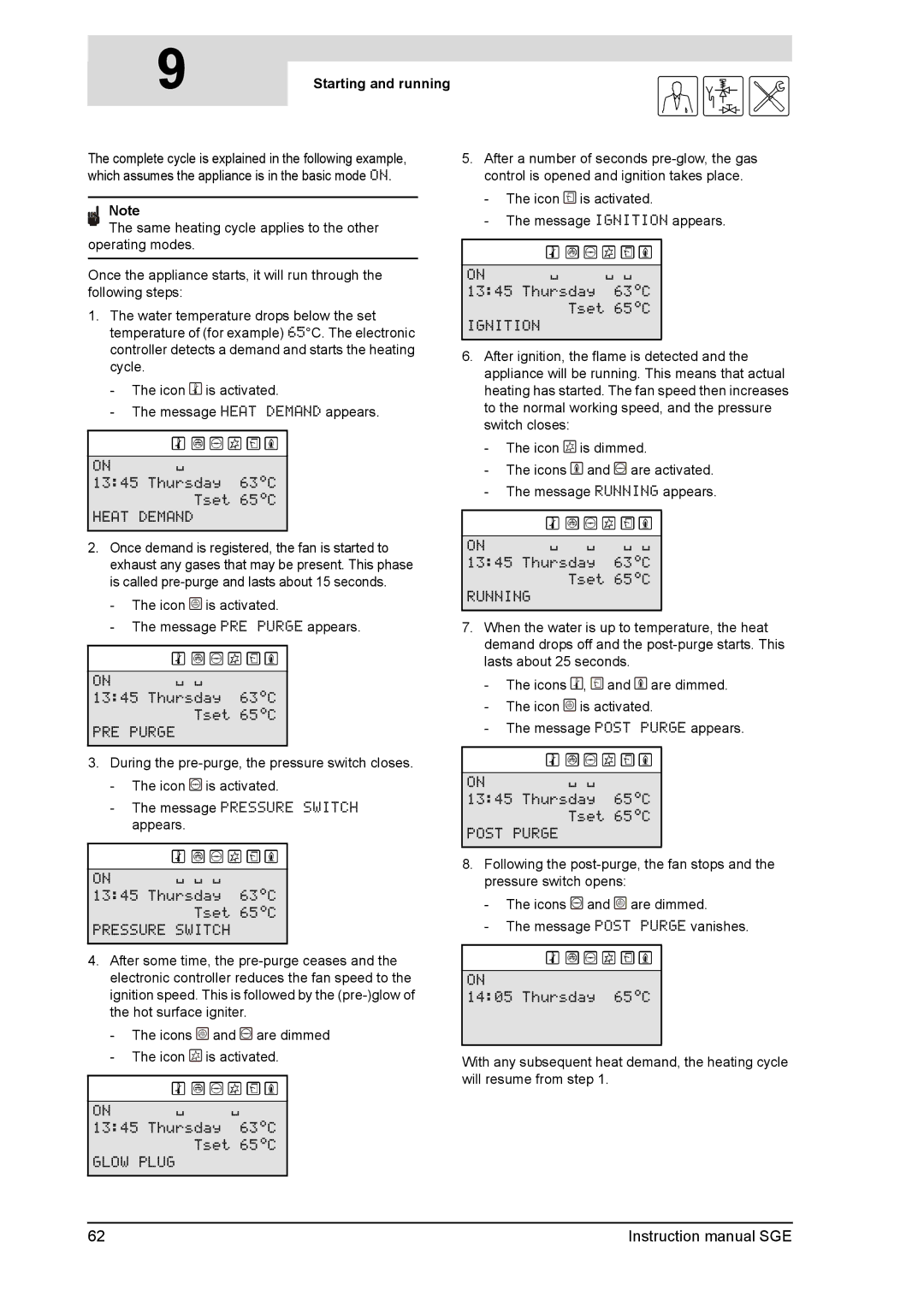 A.O. Smith SGE service manual Starting and running, Icon is activated Message PRE Purge appears 