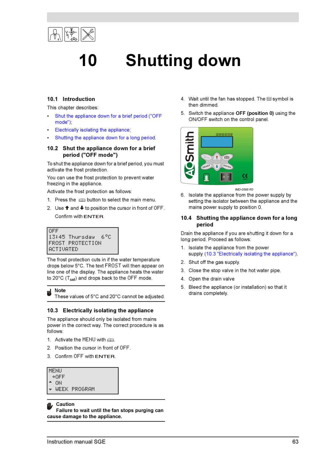 A.O. Smith SGE Shutting down, Shut the appliance down for a brief period OFF mode, Electrically isolating the appliance 
