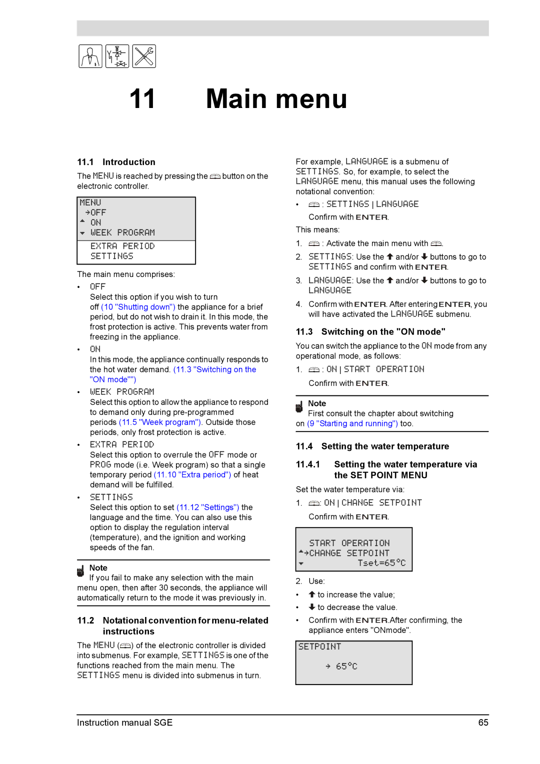 A.O. Smith SGE service manual Main menu, Switching on the on mode, Notational convention for menu-related instructions 