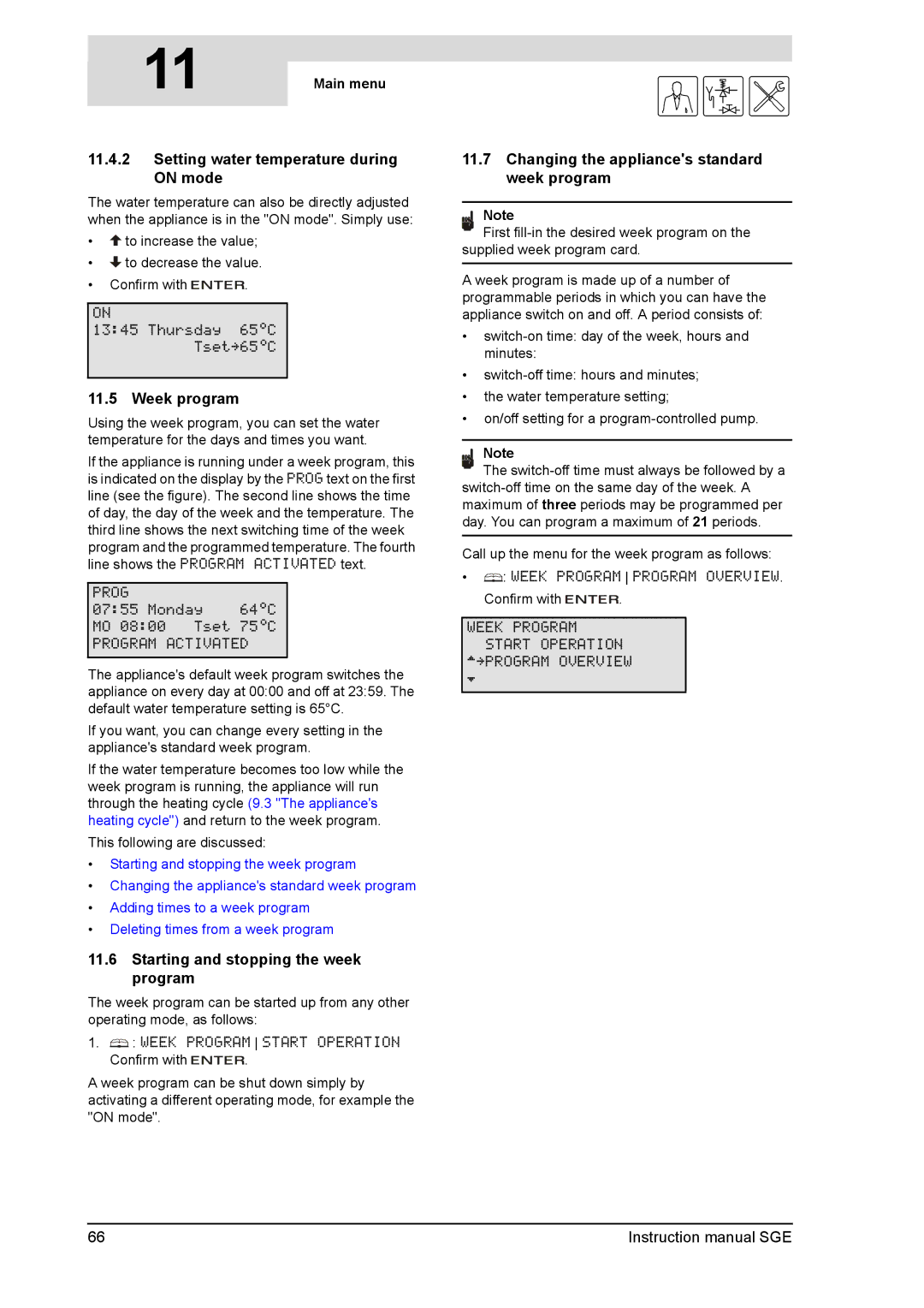 A.O. Smith SGE Setting water temperature during on mode, Week program, Starting and stopping the week program, Main menu 