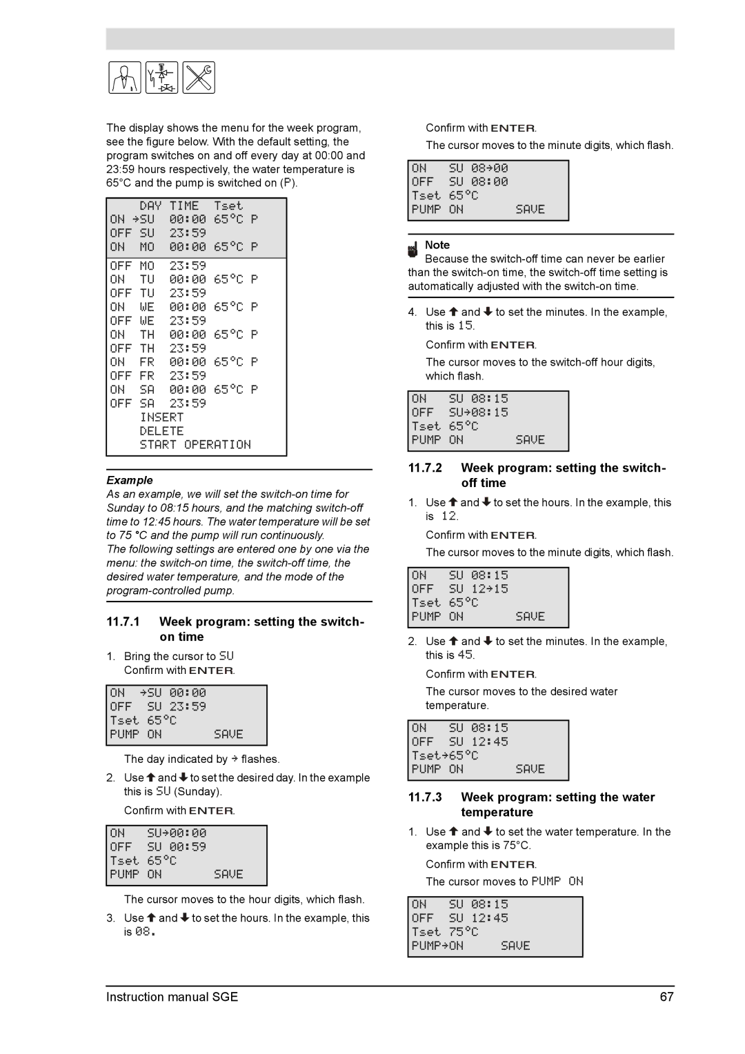 A.O. Smith SGE service manual Week program setting the switch- on time, Week program setting the switch- off time 