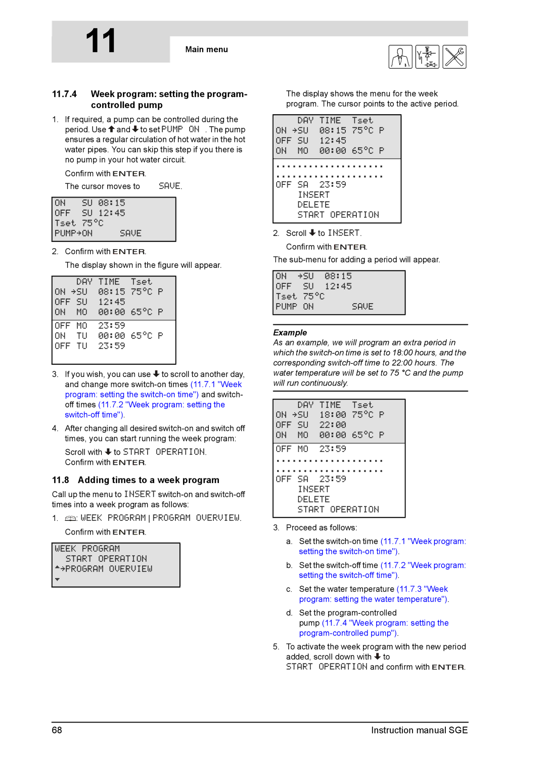 A.O. Smith SGE service manual Week program setting the program- controlled pump, Adding times to a week program 