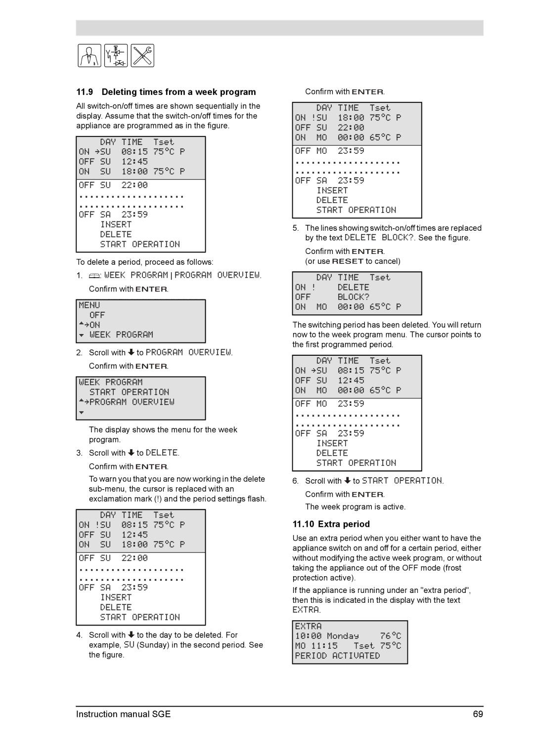 A.O. Smith SGE service manual Deleting times from a week program, Extra period, To delete a period, proceed as follows 