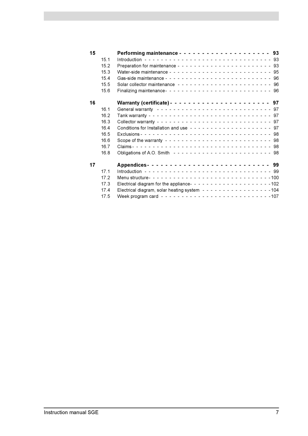 A.O. Smith SGE service manual Performing maintenance, Warranty certificate, Appendices 