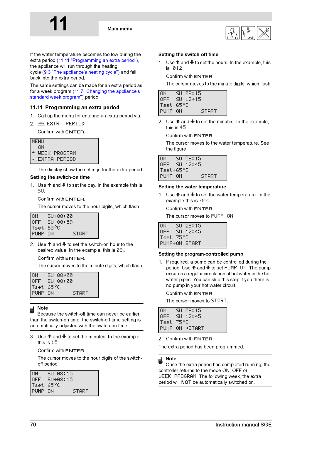 A.O. Smith SGE service manual Programming an extra period, Setting the switch-on time, Setting the switch-off time 