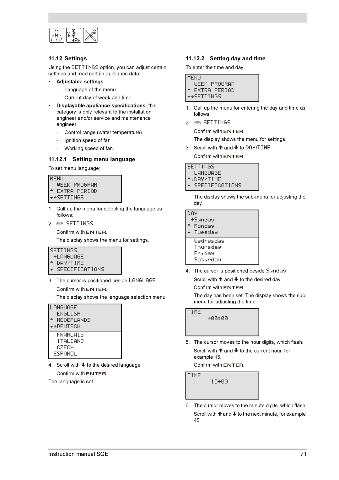 A.O. Smith SGE service manual Settings, Setting menu language, Setting day and time, Adjustable settings 