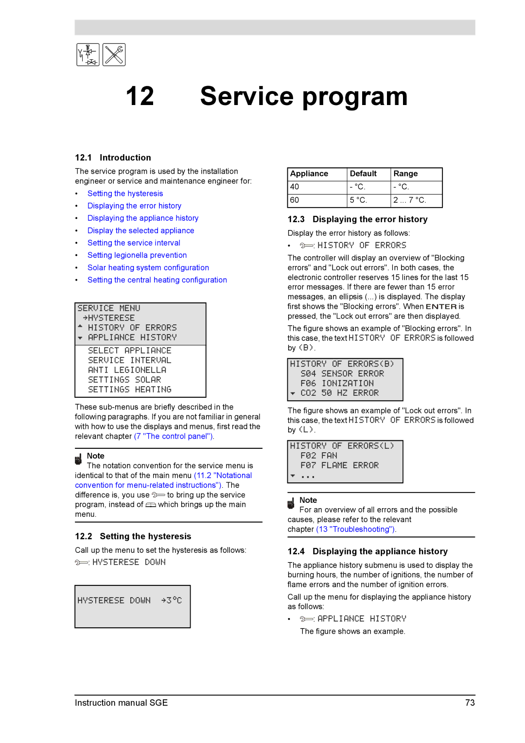 A.O. Smith SGE Service program, Setting the hysteresis, Displaying the error history, Displaying the appliance history 