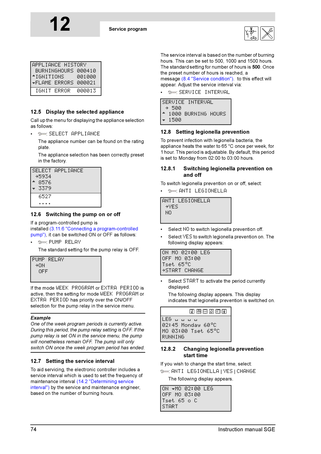 A.O. Smith SGE service manual Display the selected appliance, Switching the pump on or off, Setting the service interval 