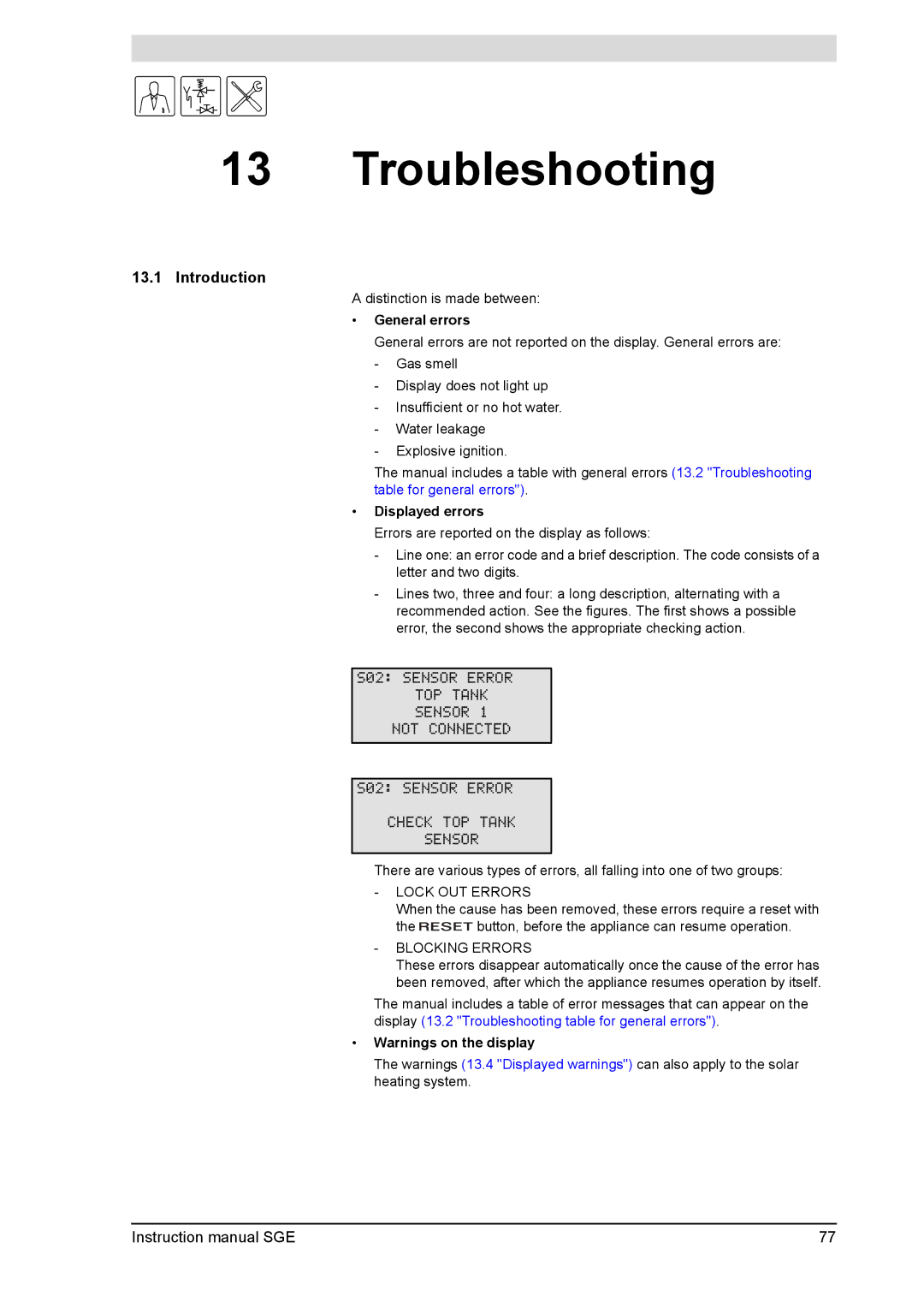 A.O. Smith SGE service manual Troubleshooting, Distinction is made between, General errors, Displayed errors 