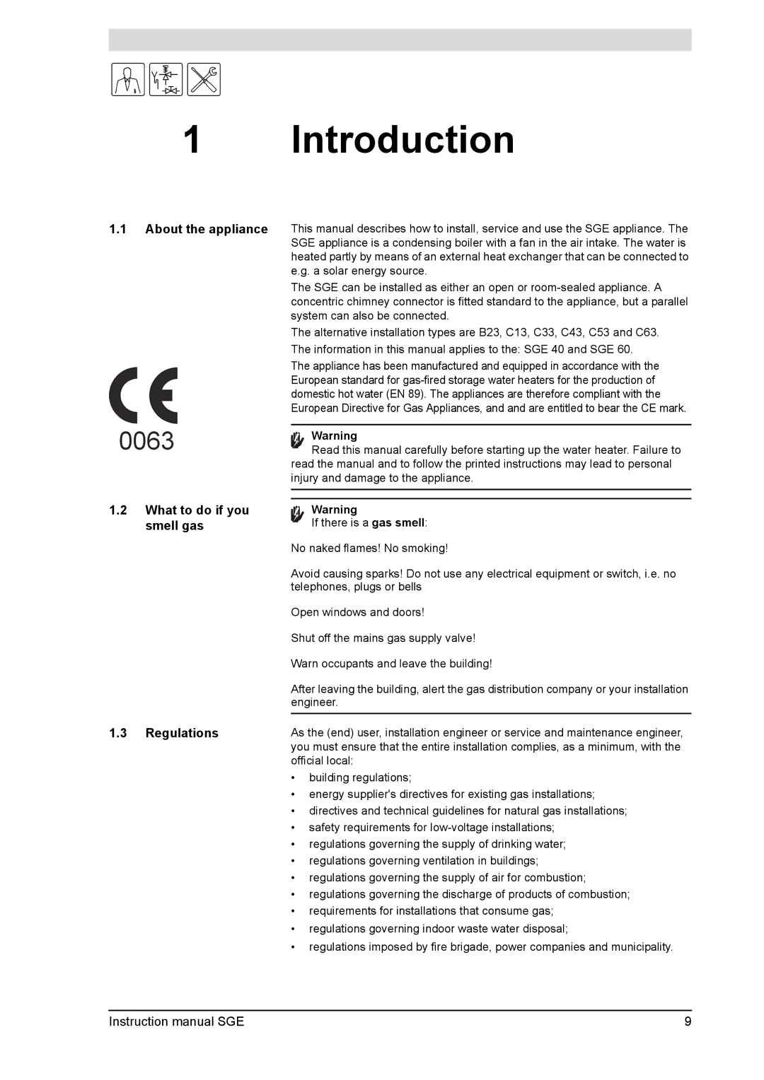 A.O. Smith SGE service manual Introduction, About the appliance, What to do if you smell gas Regulations 