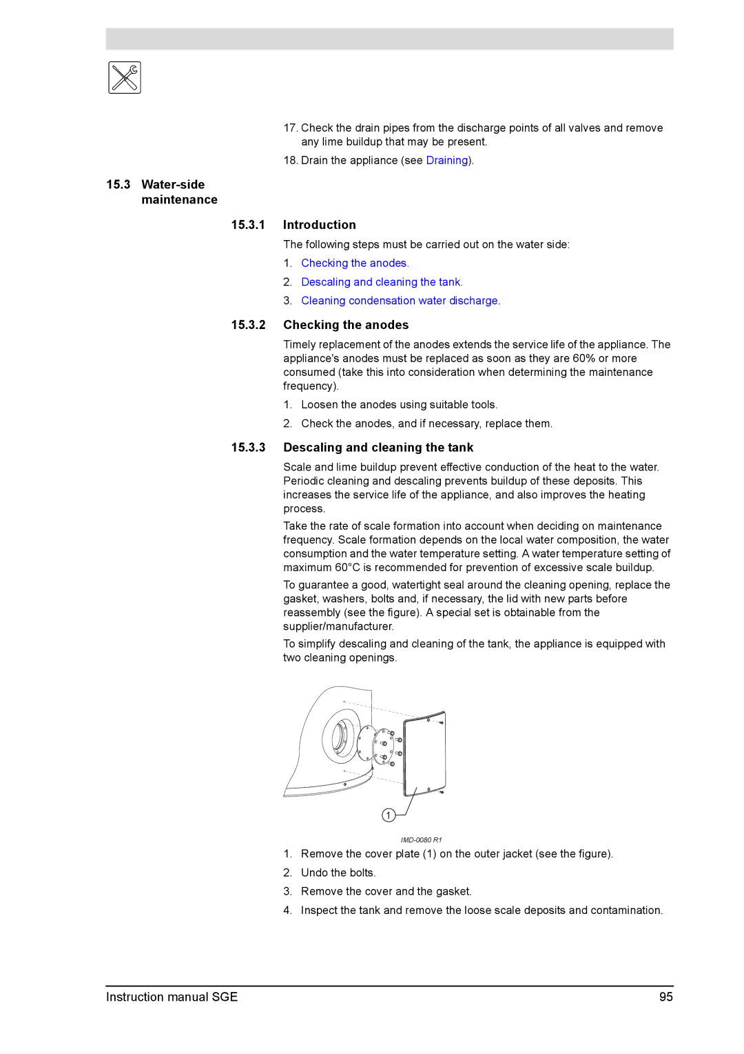 A.O. Smith SGE service manual Water-side maintenance Introduction, Checking the anodes, Descaling and cleaning the tank 