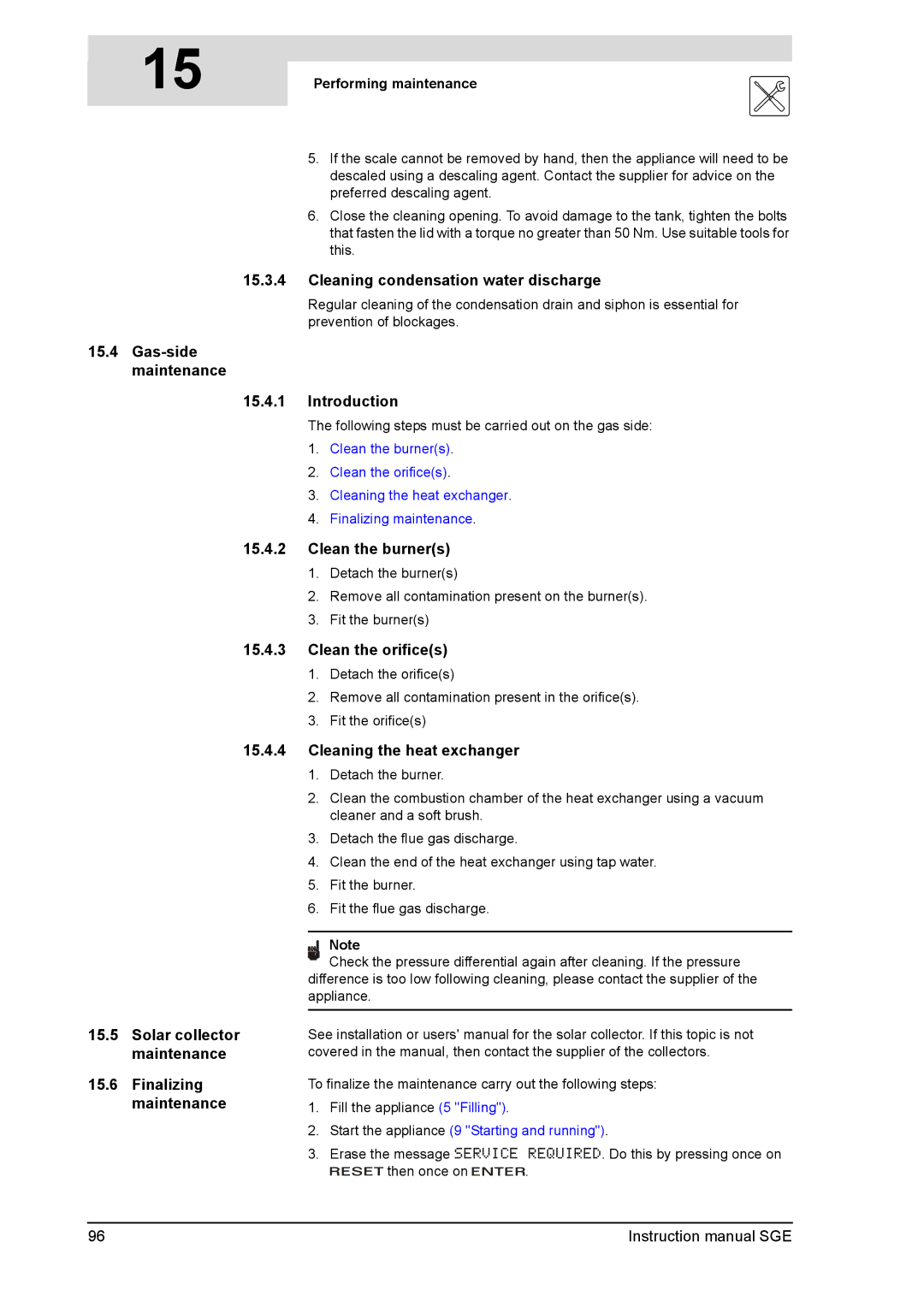 A.O. Smith SGE service manual Cleaning condensation water discharge, Gas-side maintenance Introduction, Clean the burners 