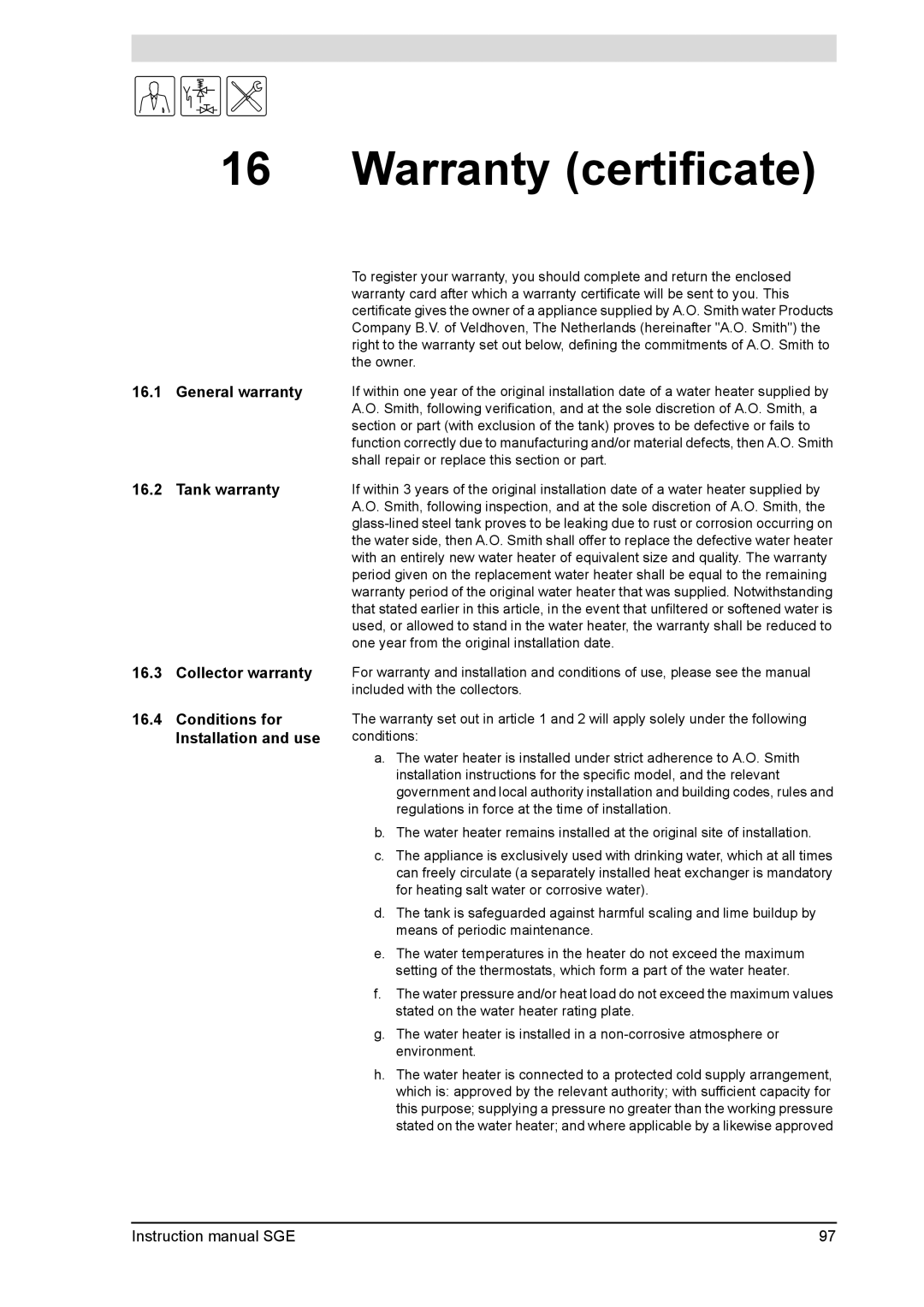 A.O. Smith SGE service manual Warranty certificate, General warranty, Tank warranty 