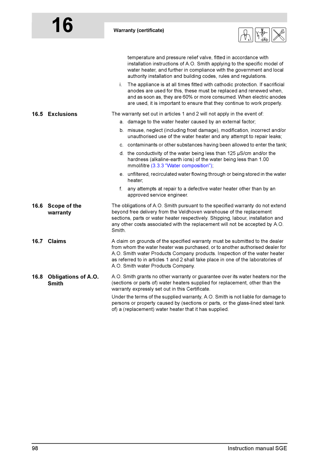 A.O. Smith SGE service manual Warranty certificate 