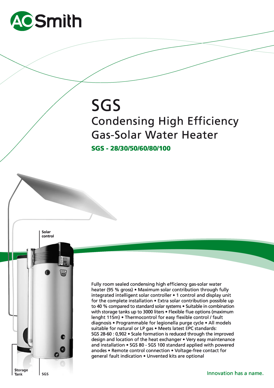 A.O. Smith SGS - 50, SGS - 60, SGS - 30 manual Condensing High Efficiency Gas-Solar Water Heater, SGS - 28/30/50/60/80/100 
