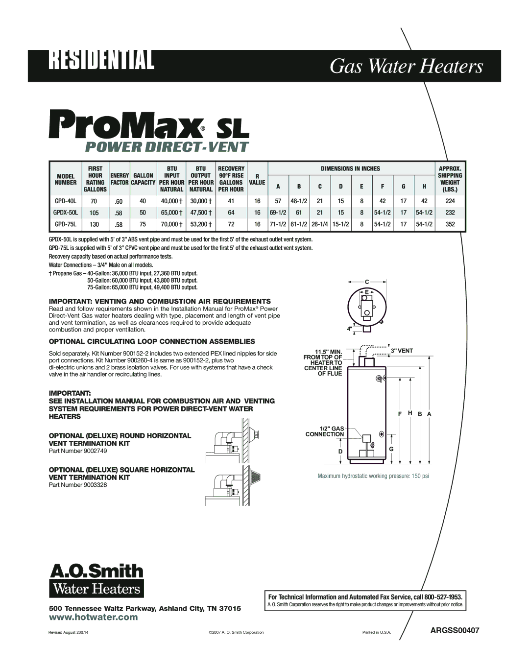 A.O. Smith SL warranty Gas Water Heaters, Important Venting and Combustion AIR Requirements 